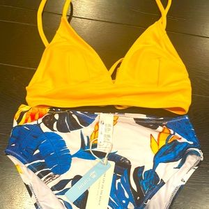 Yellow And Blue Leaves Print Cupshe Bikini